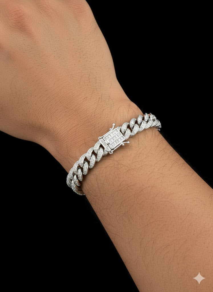 Men’s Sterling Silver Cuban Bracelet with Baguette CZ Stones