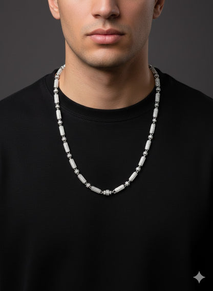 Men’s Silver Chain with Geometric Pattern and CZ Stones