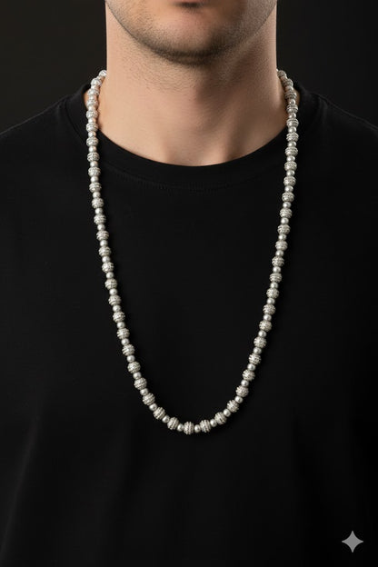 Men’s Silver Beaded Chain with CZ Stones