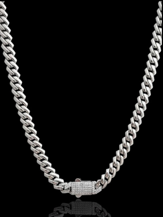 Men’s Silver Cuban Chain with CZ-Embellished Lock