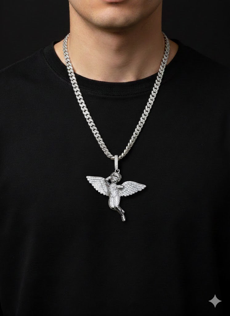 Silver CZ Winged Angel Cherub Pendant