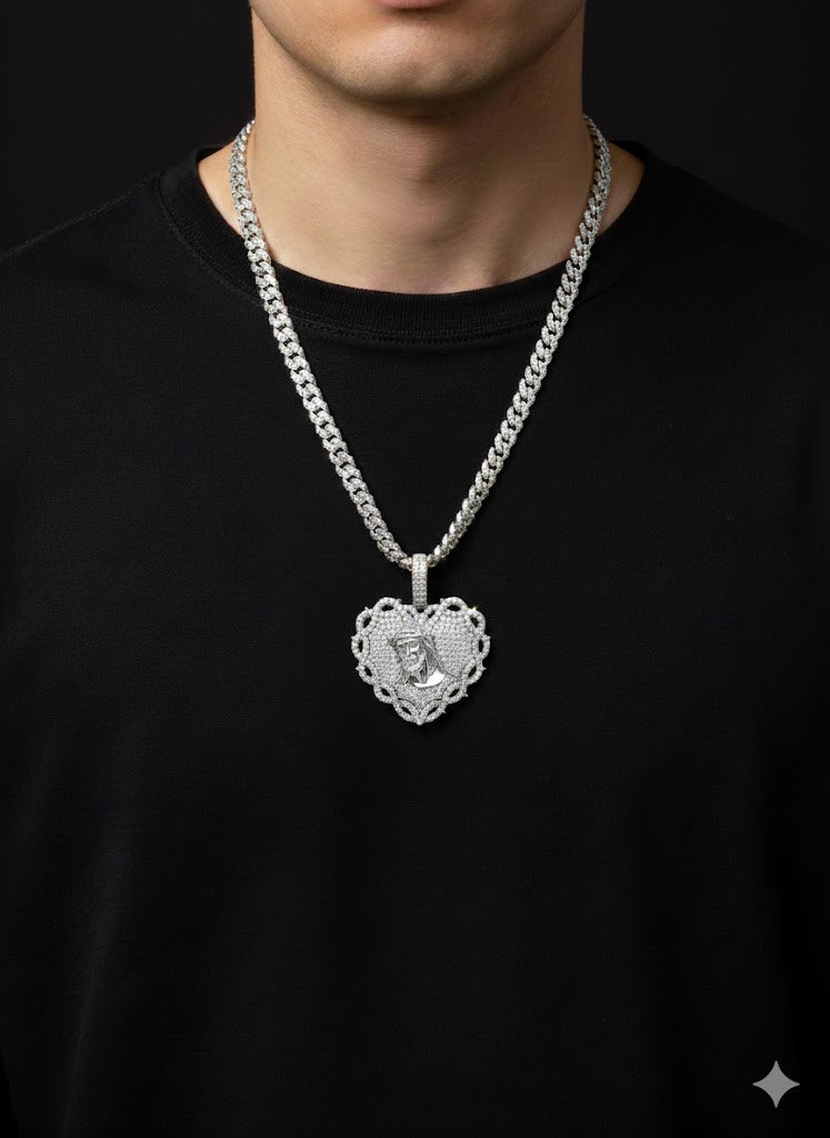 CZ Sterling Silver Thorns Sacred Heart of Jesus Christ Charm Pendant