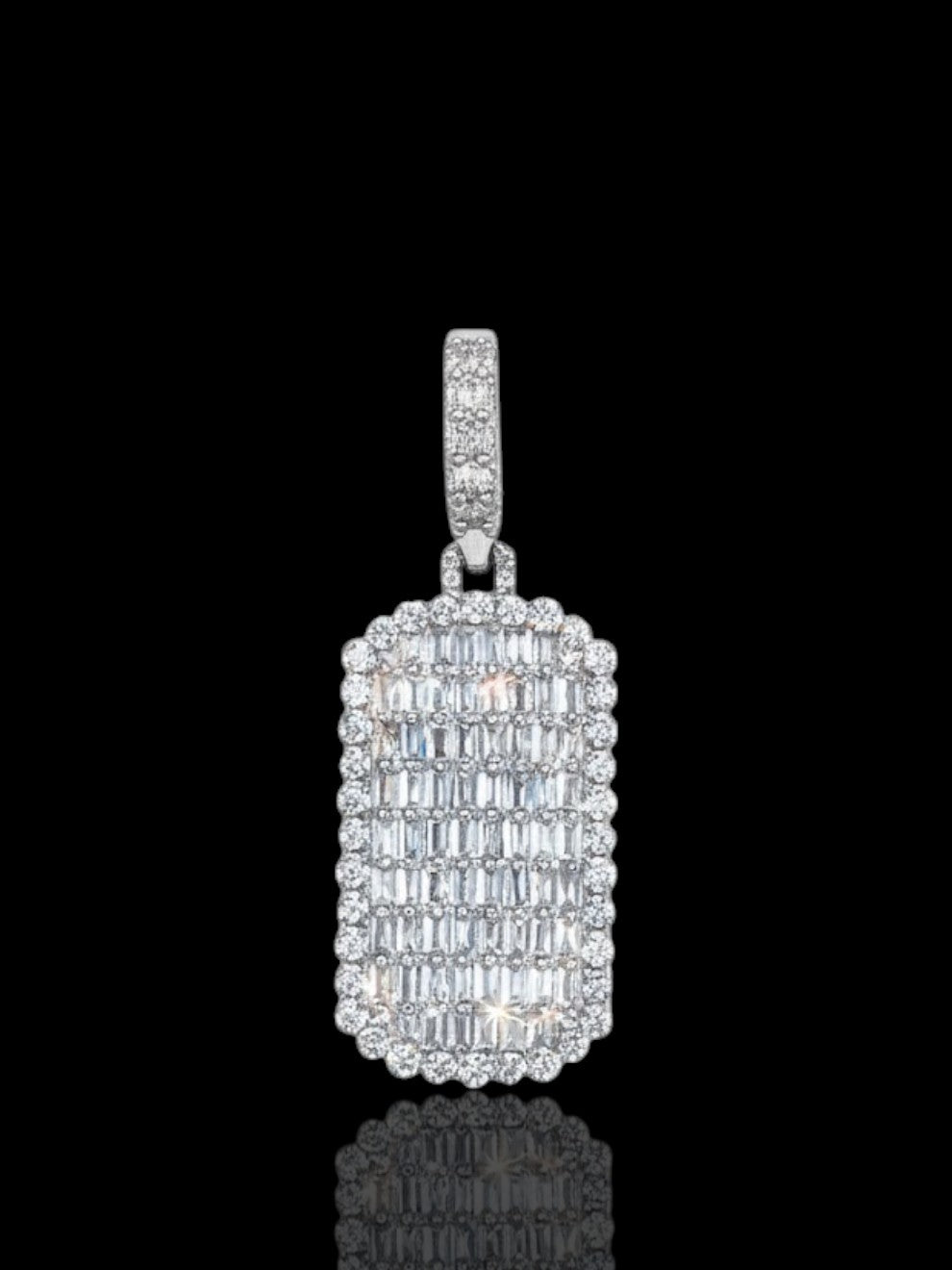 Silver Rectangular Tag Pendant Iced Out with Baguette Stones