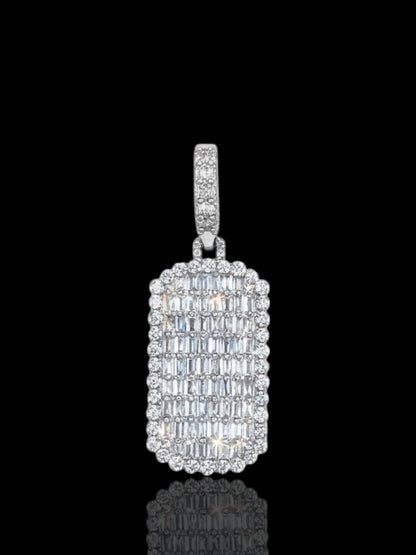 Silver Rectangular Tag Pendant Iced Out with Baguette Stones