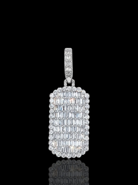 Silver Rectangular Tag Pendant Iced Out with Baguette Stones