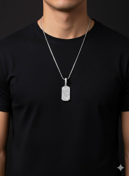 Silver Rectangular Tag Pendant Iced Out with Baguette Stones