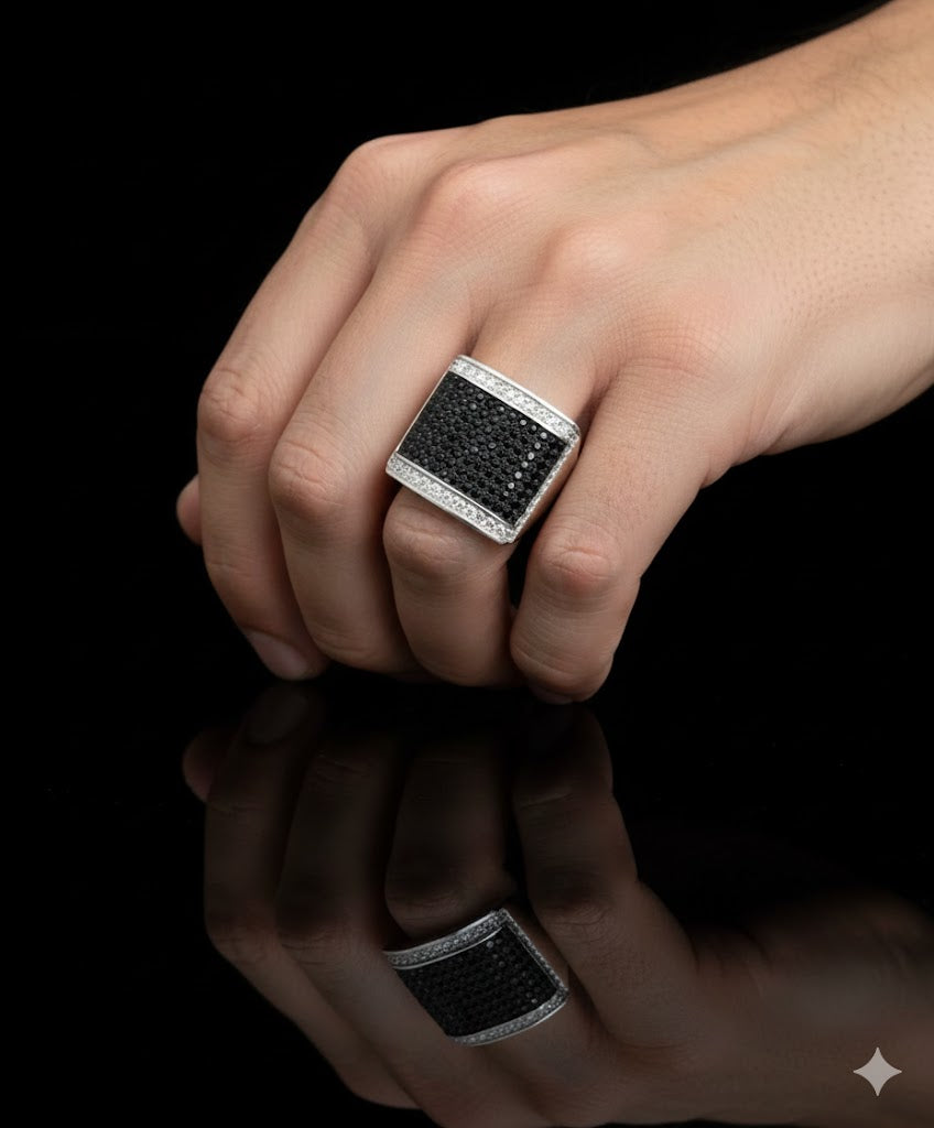 Men’s Silver Rectangular Ring with Black CZ Stone
