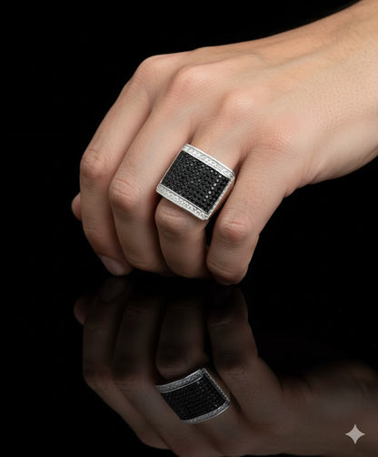 Men’s Silver Rectangular Ring with Black CZ Stone