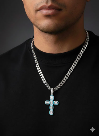 Silver Cross Pendant with Blue Enamel & CZ Stones