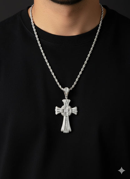 CZ Baguette Stone Diamond-Cut Silver Cross Pendant