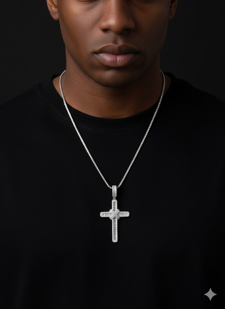 CZ Baguette Stone Slanted Silver Cross Pendant