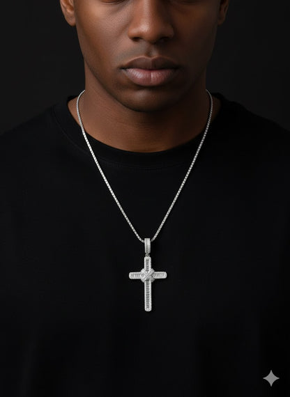 CZ Baguette Stone Slanted Silver Cross Pendant