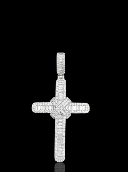 CZ Baguette Stone Slanted Silver Cross Pendant
