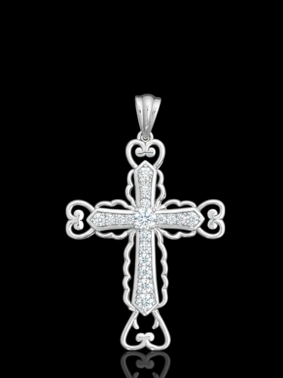 Silver Cross Crucifix Flared Filigree CZ Cubic Zirconia Pendant