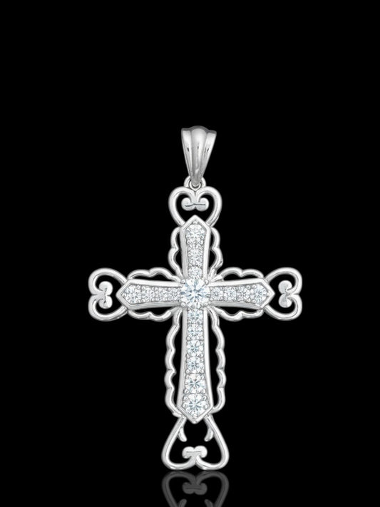 Silver Cross Crucifix Flared Filigree CZ Cubic Zirconia Pendant