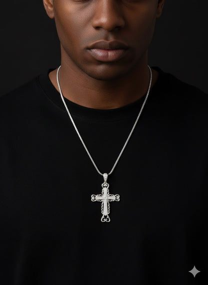 Silver Cross Crucifix Flared Filigree CZ Cubic Zirconia Pendant