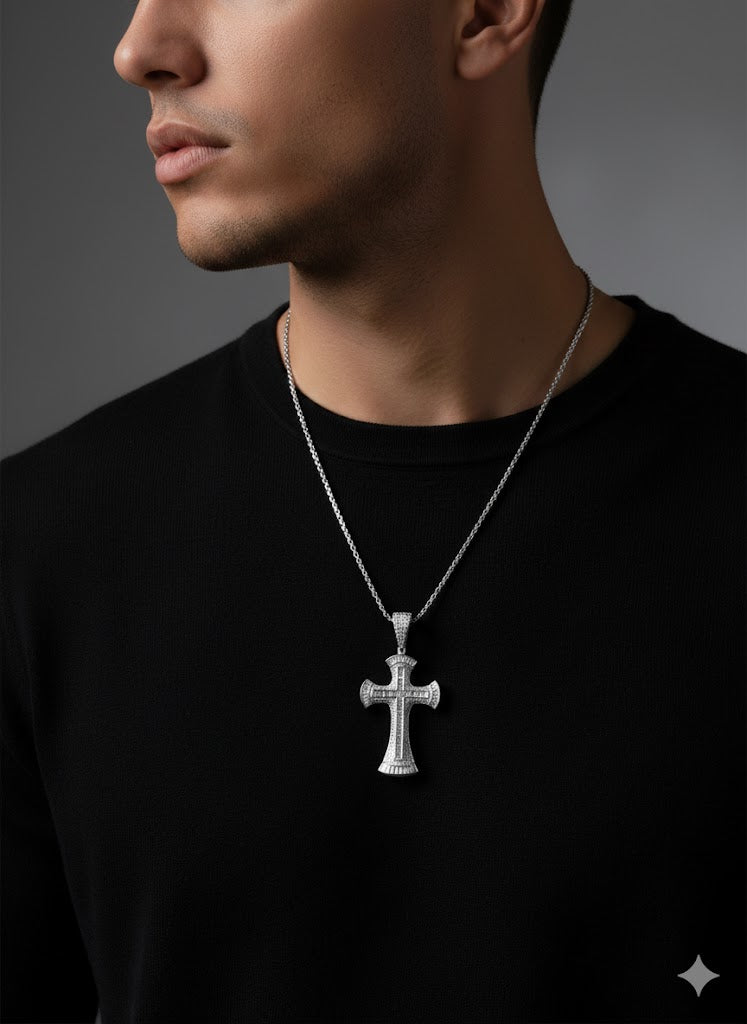 Sterling Silver Baguette Set Cross Pendant