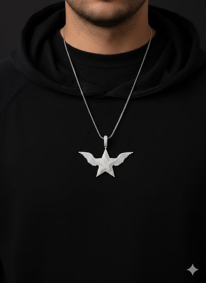 Men’s Fully Iced Out Winged Star Pendant – 925 Sterling Silver Hip Hop CZ