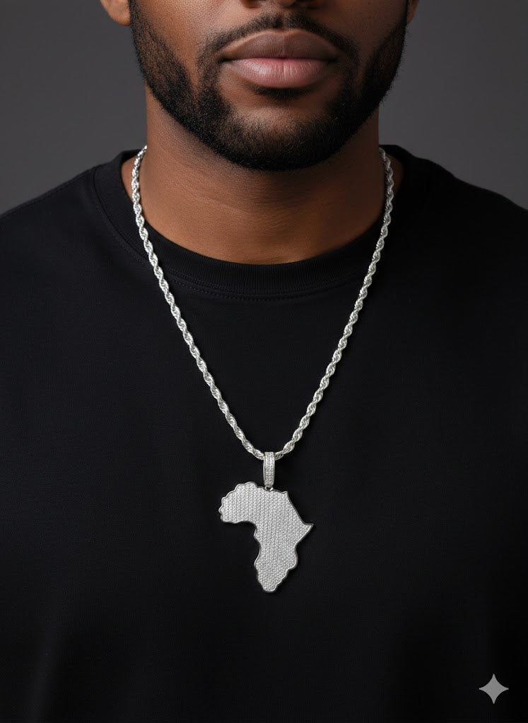 Men's Sterling Silver Full CZ Set Africa Pendant