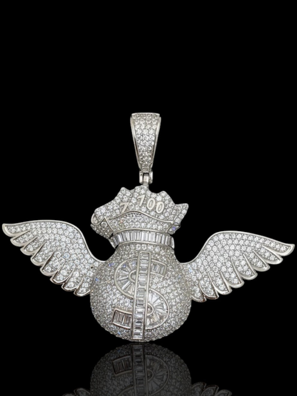 Sterling Silver Winged Money Bag Pendant with CZ Stones, Iced Out Hip Hop Necklace