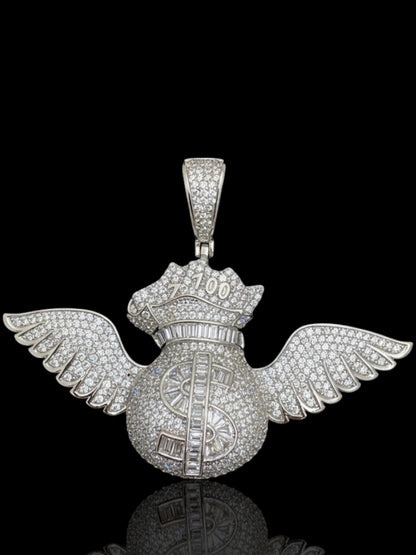Sterling Silver Winged Money Bag Pendant with CZ Stones, Iced Out Hip Hop Necklace