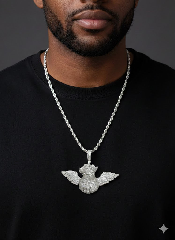 Sterling Silver Winged Money Bag Pendant with CZ Stones, Iced Out Hip Hop Necklace