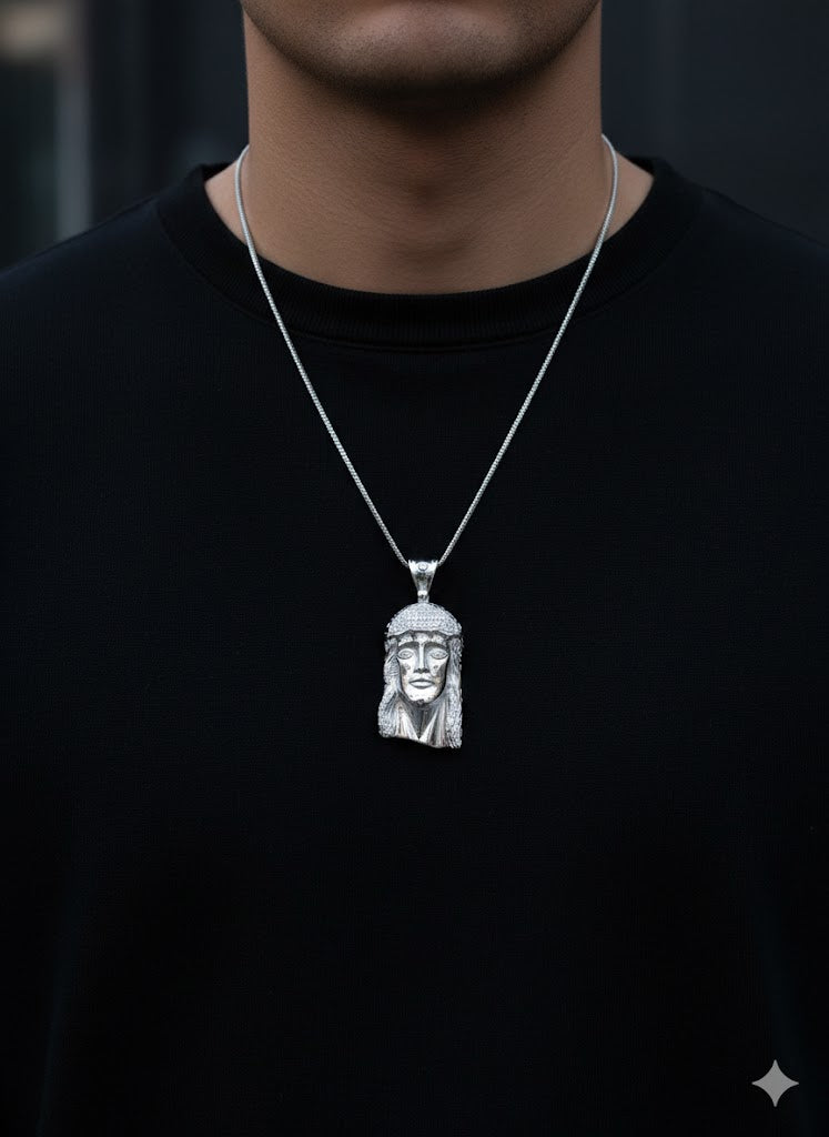 Men’s Iced-Out Jesus Face Pendant – 925 Sterling Silver CZ Faith Jewelry