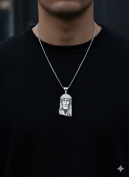 Men’s Iced-Out Jesus Face Pendant – 925 Sterling Silver CZ Faith Jewelry