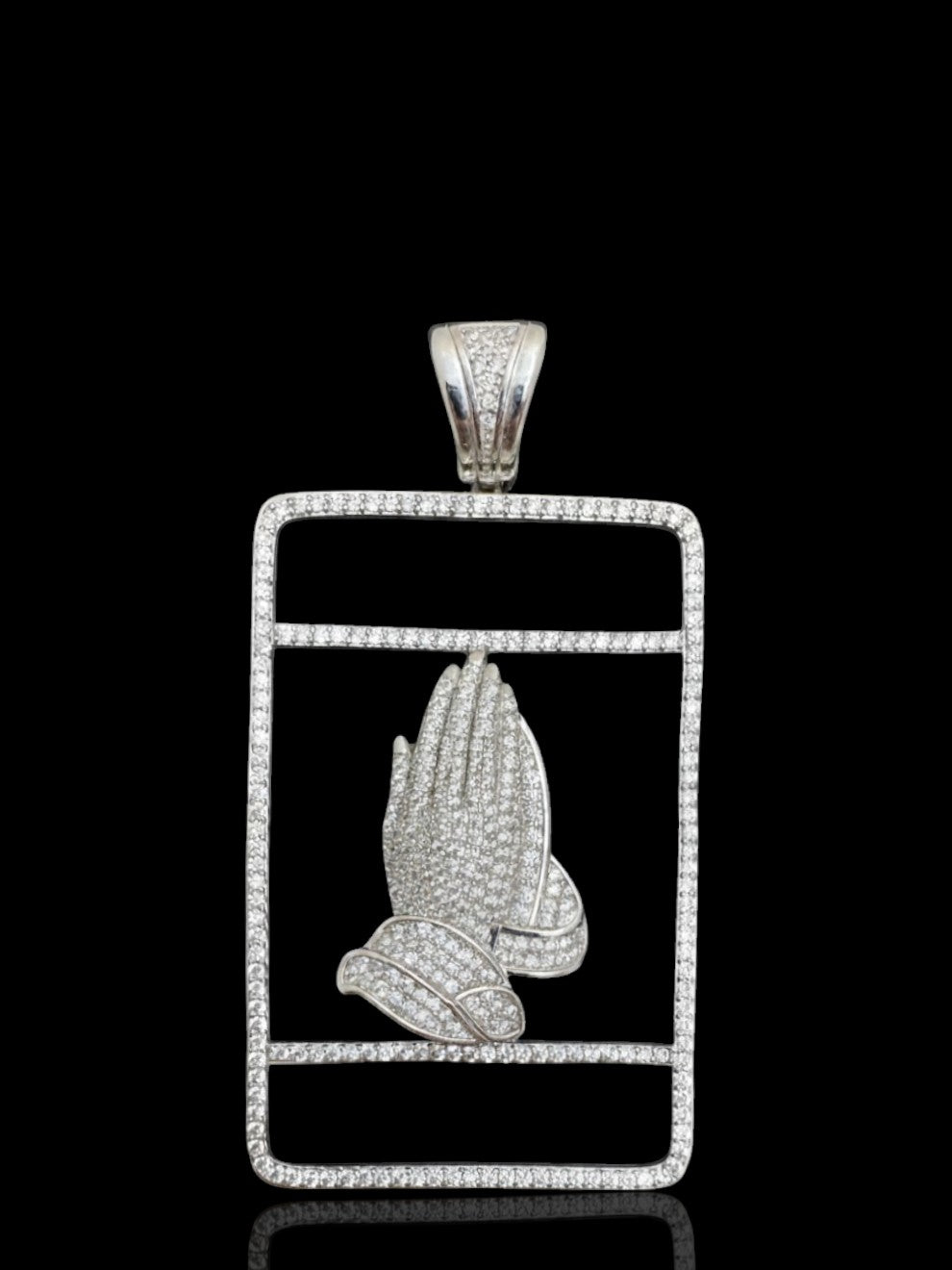 Sterling Silver Praying Hands Pendant Encrusted – 925 CZ Iced-Out Faith Necklace for Men
