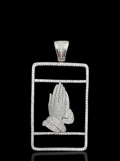 Sterling Silver Praying Hands Pendant Encrusted – 925 CZ Iced-Out Faith Necklace for Men