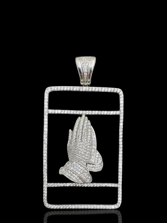 Sterling Silver Praying Hands Pendant Encrusted – 925 CZ Iced-Out Faith Necklace for Men