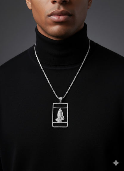 Sterling Silver Praying Hands Pendant Encrusted – 925 CZ Iced-Out Faith Necklace for Men