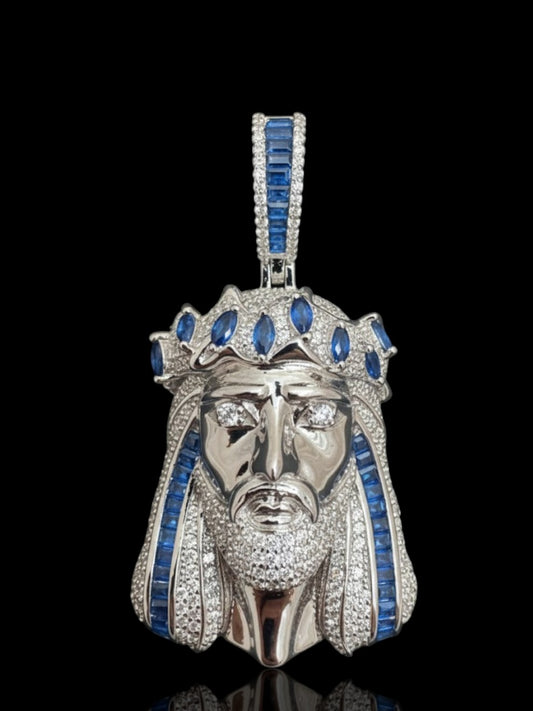 Silver Jesus Pendant with Blue Accents – Sterling Silver Jesus Necklace