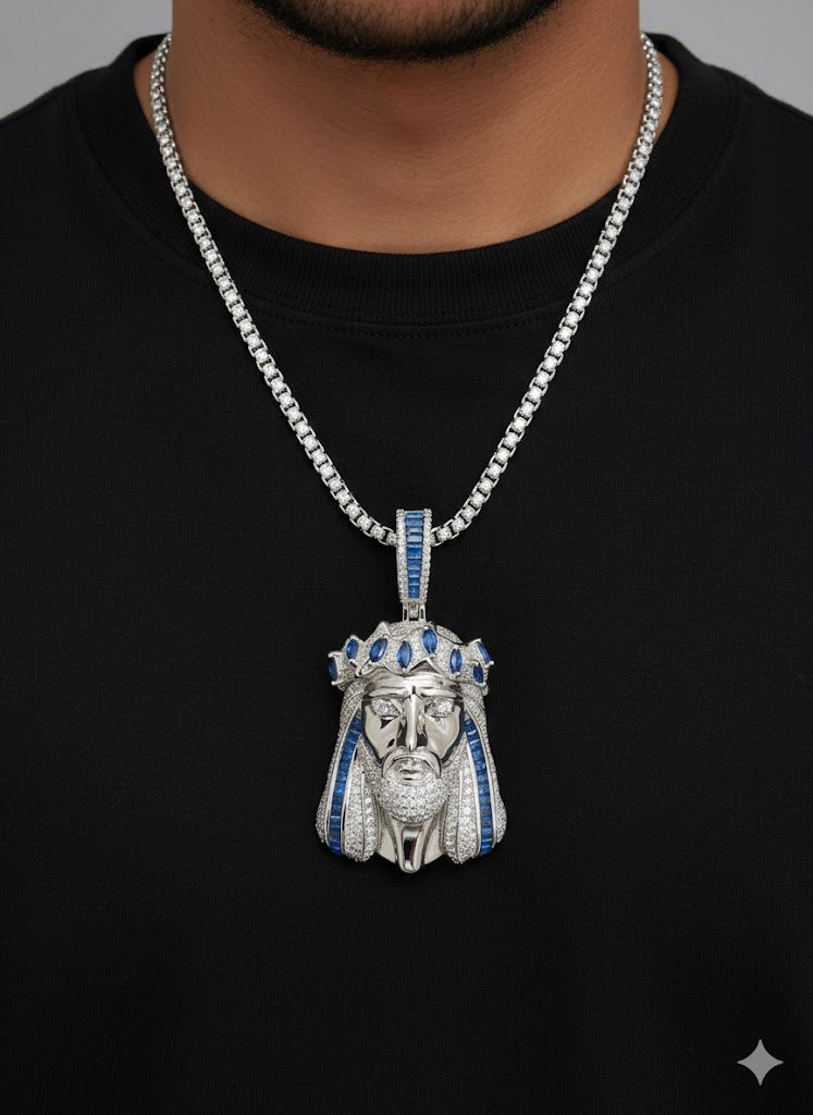 Silver Jesus Pendant with Blue Accents – Sterling Silver Jesus Necklace