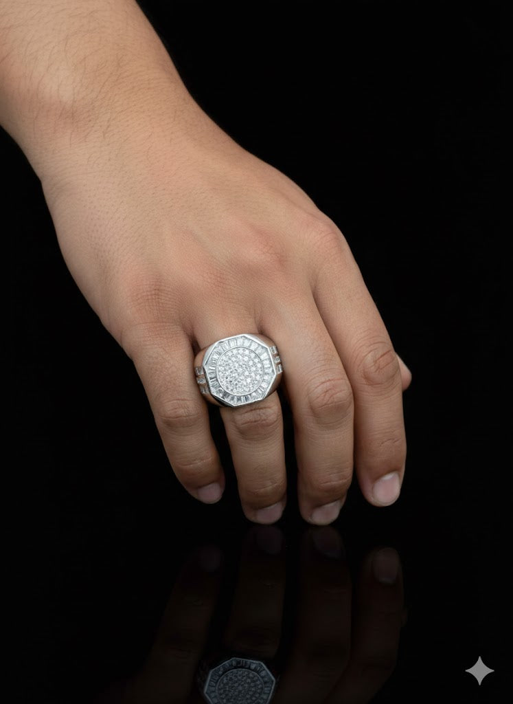 Men’s Silver Iced Hexagon Ring | 925 Sterling Silver Iced Ring
