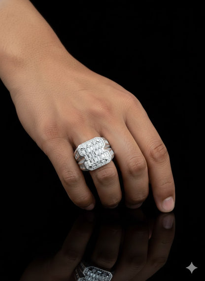Men’s Silver Large Square Signet Ring with Baguette Stones