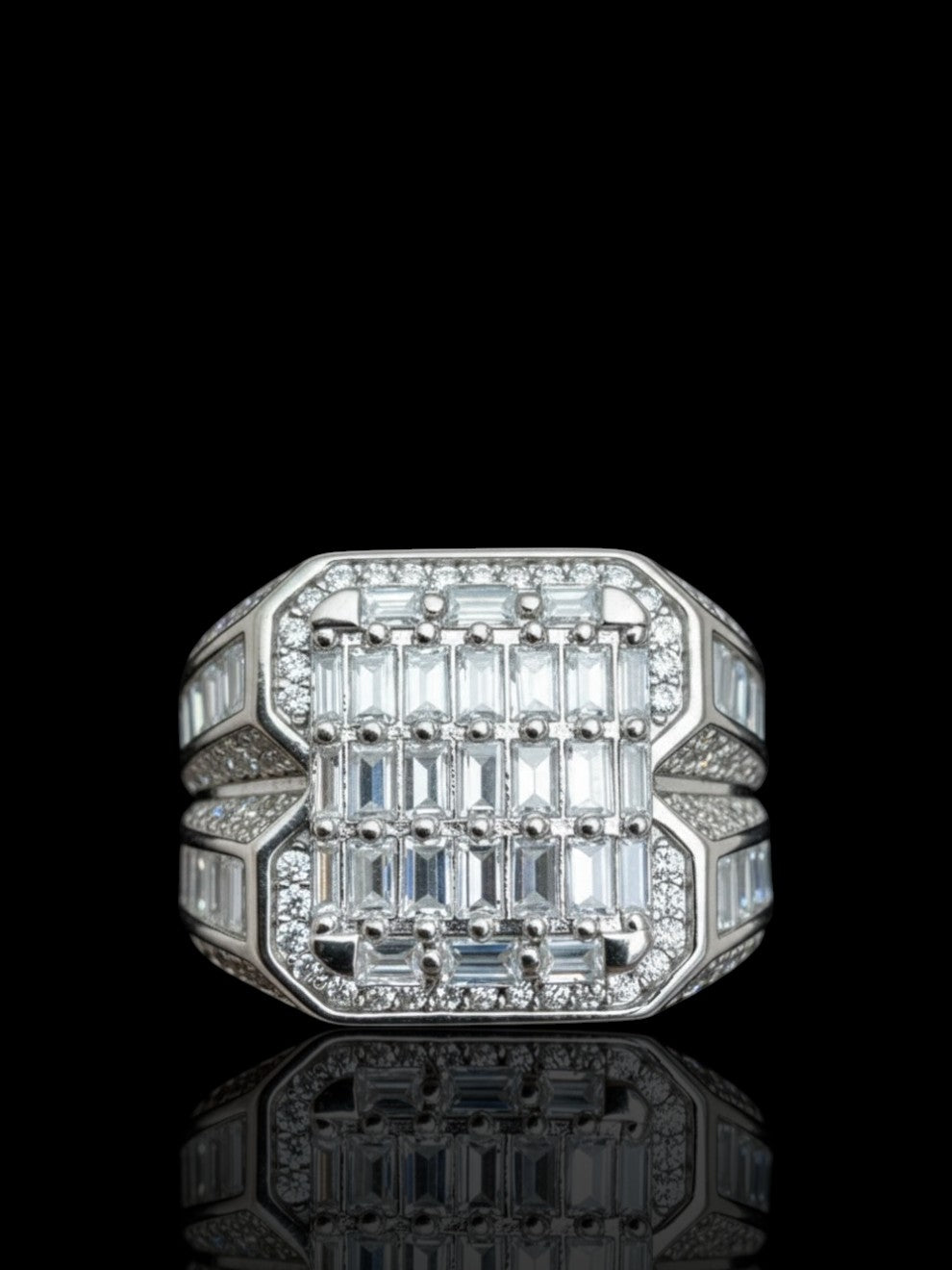 Men’s Silver Large Square Signet Ring with Baguette Stones