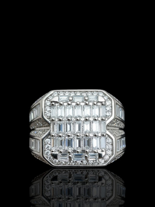 Men’s Silver Large Square Signet Ring with Baguette Stones