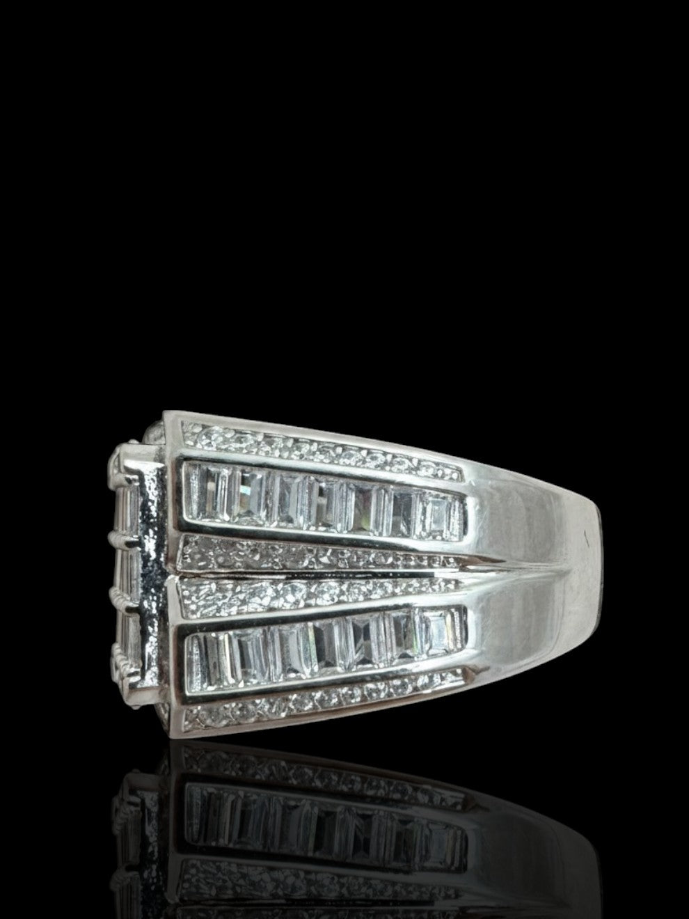 Men’s Silver Large Square Signet Ring with Baguette Stones