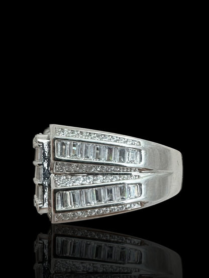 Men’s Silver Large Square Signet Ring with Baguette Stones
