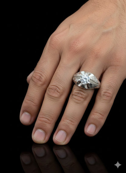 Men’s Silver Single Stone Cubic Zirconia Ring | 925 Sterling Silver Solitaire Men’s Ring