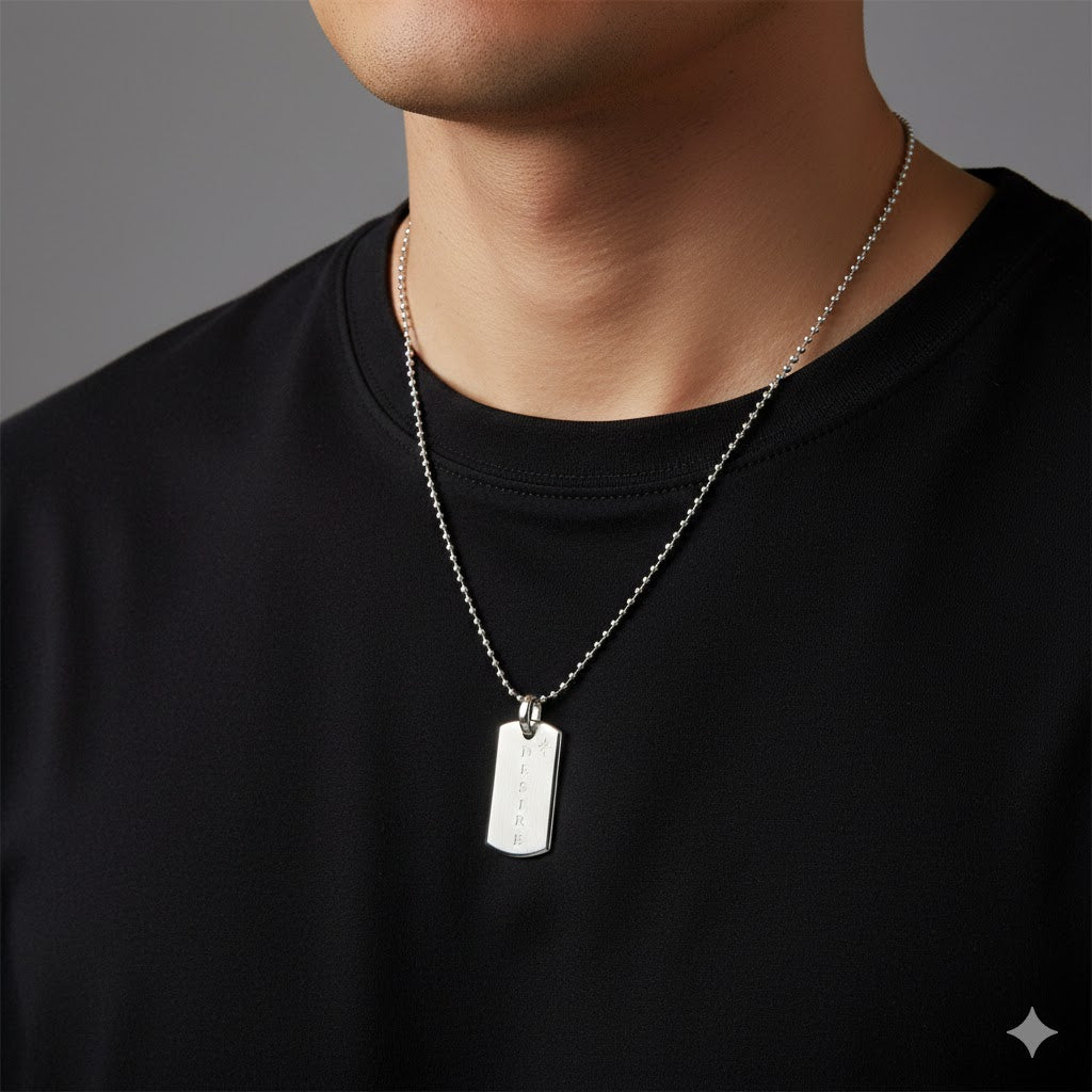 Sterling Silver Stone-Set Matte Dog Tag Pendant – Free Personalized Name or Symbol Engraving