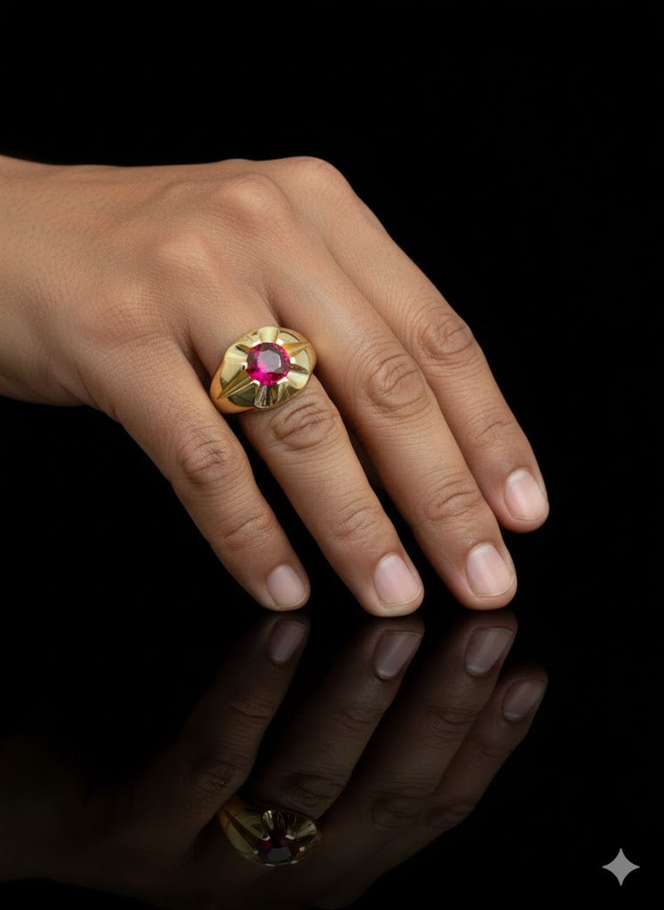 925 Sterling Silver Gold Red Stone Solitaire Ring | Men’s Cubic Zirconia Ring