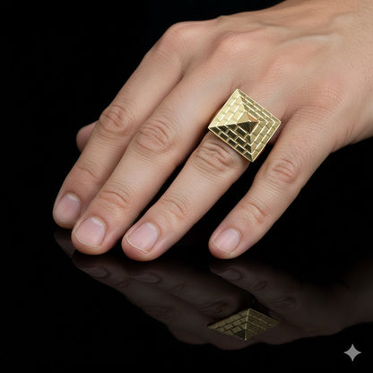 Men’s 925 Gold Sterling Silver Pyramid Ring, Gold Plated Silver Ring for Men