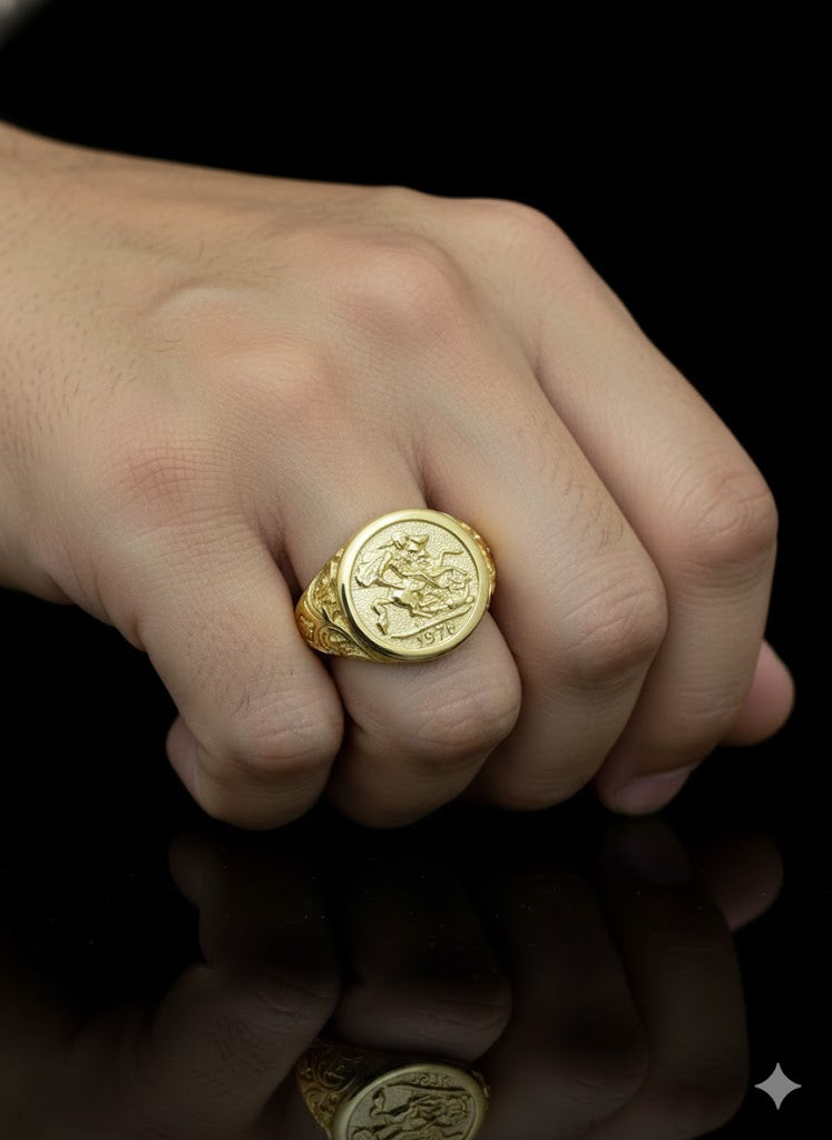 Sterling Silver Gold St. George Coin Ring, 925 Silver Gold Plated Coin Ring
