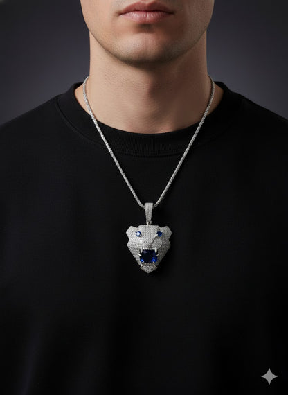 Blue CZ Stone Tiger Silver Men’s Pendant
