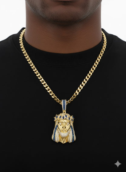 Gold-Plated Silver Jesus Pendant with Blue Accents