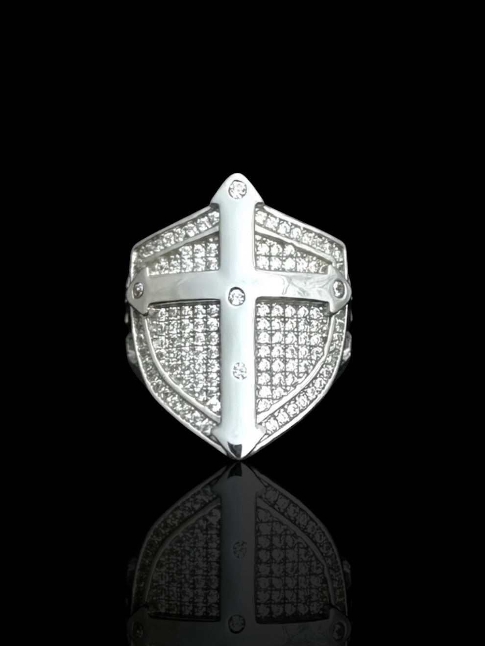 Men’s Silver Iced Cross Shield Ring