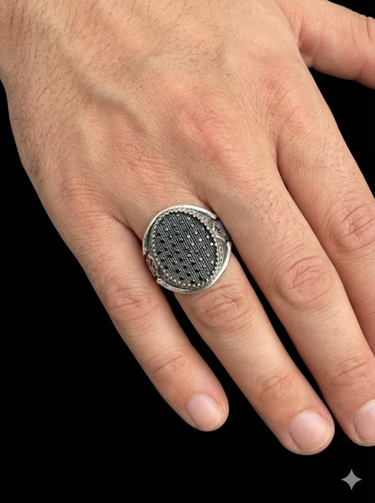 Men’s Sterling Silver Black Stone Engraved Ring