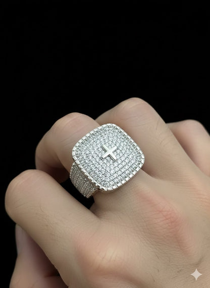 Square CZ Cross Men’s Silver Ring